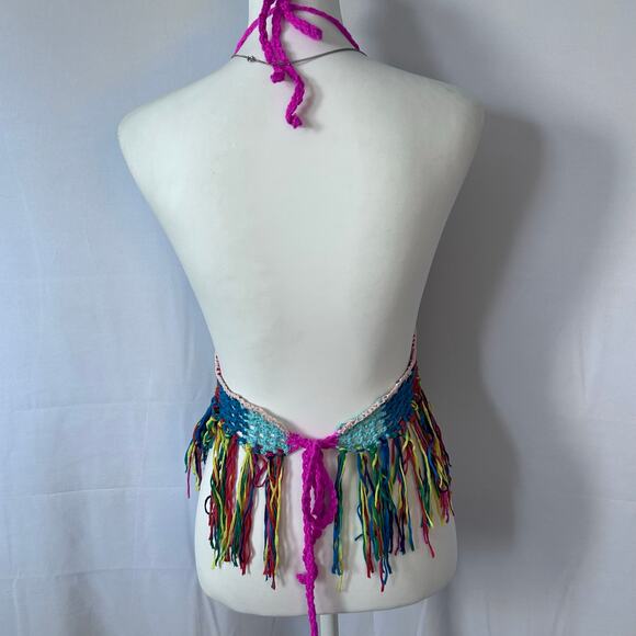 Handmade Crochet Halter Top Fringe Boho Festival Rainbow Knit Crop Top - Picture 4 of 5